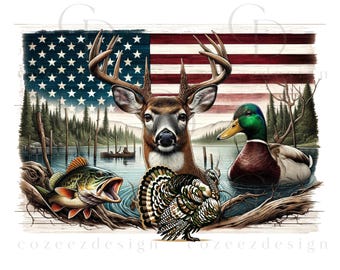 Patriotic Hunting PNG, Deer Duck Turkey Bass Fishing Sublimation Design, American Flag Outdoor, 4th of July, Digital Download