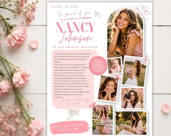 May include: A full yearbook ad template featuring pink text and accents on a white background. The design includes a large header, a section for a name, a long message, and five photo frames displaying various portraits of a young person.