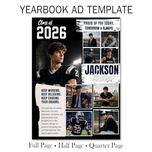 Può includere: Un modello di annuncio per annuario con il testo YEARBOOK AD TEMPLATE, Class of 2026 e PROUD OF YOU TODAY, TOMORROW & ALWAYS. Il layout include diverse cornici per foto, il nome JACKSON Anderson e un blocco di testo che inizia con KEEP WORKING.