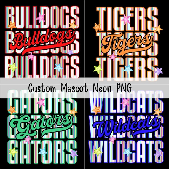 Custom School Mascot Neon PNG, Team Spirit Sublimation Stripe Design, Personalized School Name Digital Download