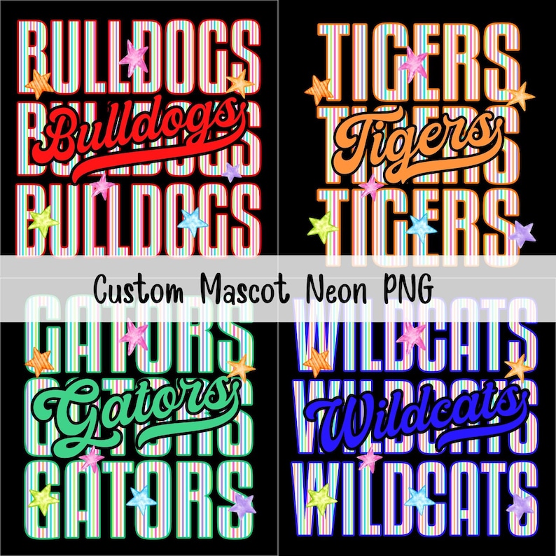 K&ouml;nnte beinhalten: Ein digitales Grafikset mit vier Maskottchen-Designs auf schwarzem Hintergrund. Jedes Design zeigt den Teamnamen in einer gestreiften Neon-Schriftart, &uuml;berlagert mit einer kursiven Version des Namens und akzentuiert mit bunten f&uuml;nfzackigen Sternen.