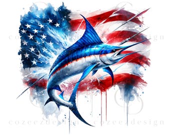 Patriotic Sailfish Marlin Fishing PNG, USA American Flag 4th of July Offshore Angler, Digital Download