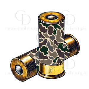 May include: Two shotgun shells with a camouflage pattern featuring shades of green, brown, and gray. Each shell has a metallic gold base and a silver primer. The text cozeezdesign is visible in the background behind the shells.