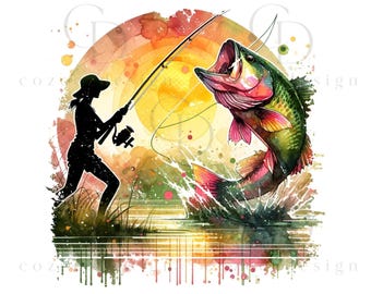 Bass Fishing PNG, Woman Angler Sublimation Design, Largemouth Bass Fisherman, Digital Download