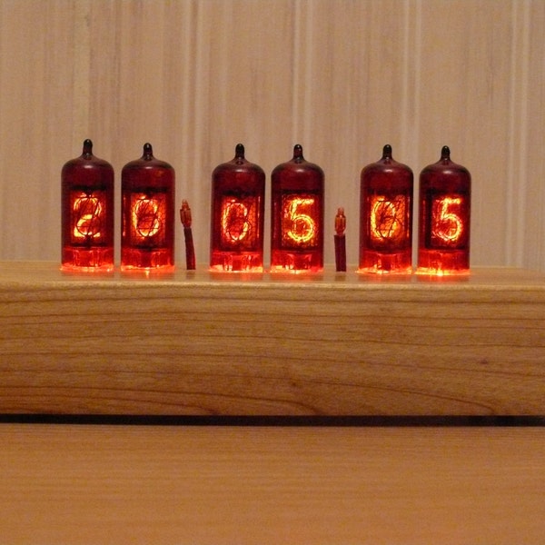 Nixie clock Retro tubes Solid wood case Rare red tubes Digital alarm clock Calendar Thermometer Gift for boyfriend FREE Shipping