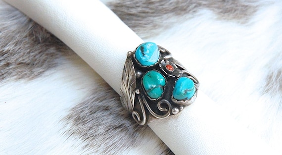 Sterling Silver turquoise ring, turquoise coral ri
