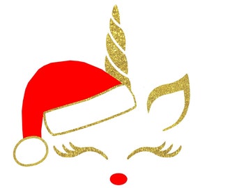 May include: A gold glitter unicorn with a red Santa hat. The unicorn has closed eyes and a red nose.