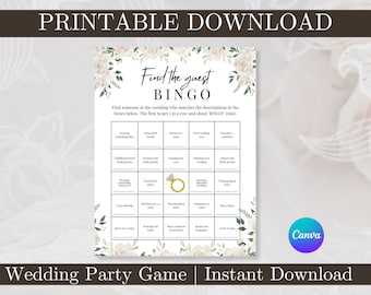 Juego de bingo para encontrar invitados para bodas con motivos florales, juego de bingo para bodas, juego de bingo social minimalista para bodas, juego para invitados a bodas, rompehielos
