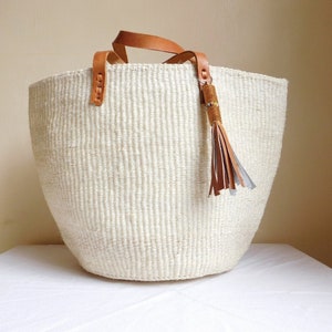 WHITE Handmade Sisal Tote Bag with a Brown Tassel.