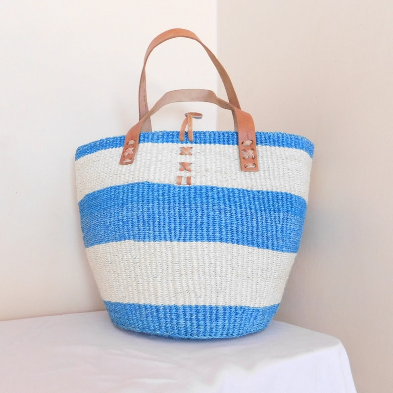 Hand Woven White and Blue striped Sisal Tote Bag for Women.