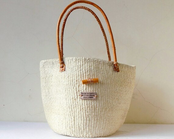 Handwoven White Sisal Tote Bag Africa Basket Bag With Leather Straps Etsy UK