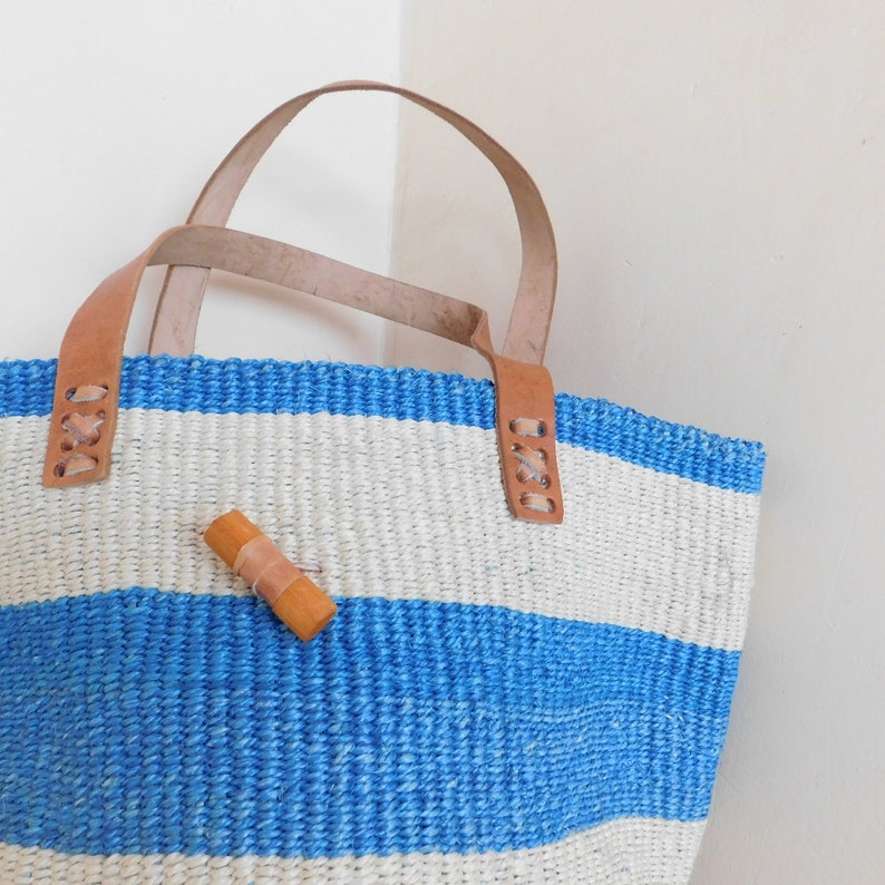 Hand Woven White and Blue striped Sisal Tote Bag for Women.