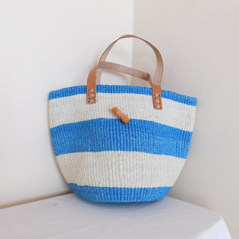 Hand Woven White and Blue striped Sisal Tote Bag for Women.