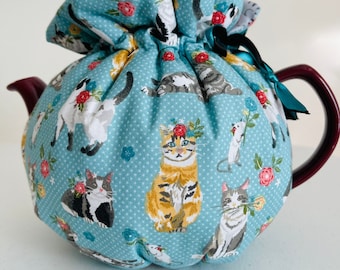 Cats and Roses Teapot Cozy: Handcrafted Reversible 100% Cotton