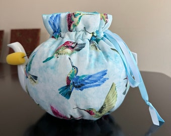 Colorful hummingbirds teapot cozy, bird, blue, birthday gift, teapot cozy, tea cozy