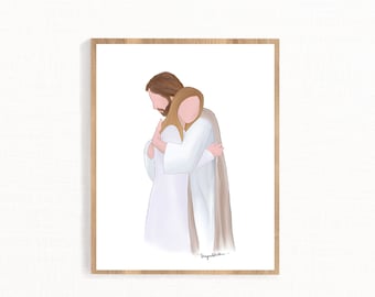 Christ’s Embrace, Faceless Portrait with Christ and woman with blonde hair