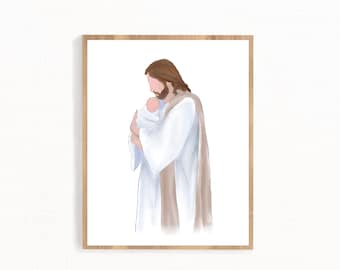 May include: A watercolor illustration of a man in a white robe holding a baby in his arms. The man has long brown hair and a beard. The baby is wrapped in a white blanket. The illustration is set against a white background.
