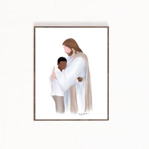 Christ’s Embrace, Faceless Portrait with Christ and Young African American Boy
