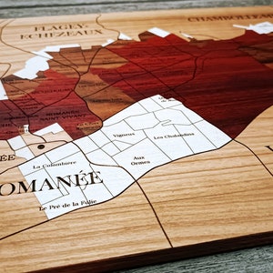 Vins de BOURGOGNE, le Vosne-Romanée, Vougeot, Chambolle-Musigny,  carte en bois naturel, MARQUETERIE, fait main