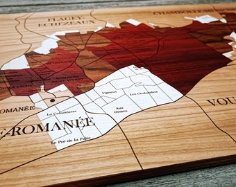 Vins de BOURGOGNE, le Vosne-Romanée, Vougeot, Chambolle-Musigny,  carte en bois naturel, MARQUETERIE, fait main