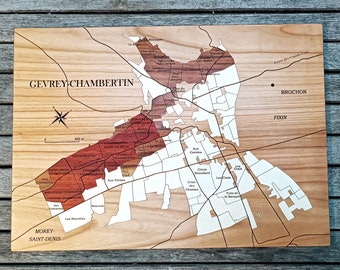 Burgundische Weine, Gevrey-Chambertin, natürliche Holzkarte, Intarsien, Wanddekoration, handgefertigt