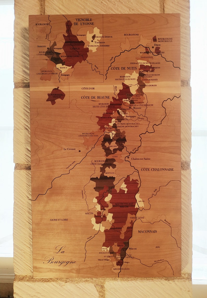 XXL-Weinkarte, BURGUND, Naturholz, MARQUETRY, rund um den Wein, Geschenkidee, Innendekoration, hergestellt in Frankreich Bild 2