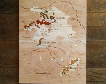 Wine map, CHAMPAGNE wines, natural wood, MARQUETERY, gift idea, interior decoration, made in FRANCE