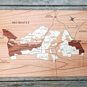 Vins de BOURGOGNE, le MEURSAULT, carte en bois naturel, MARQUETERIE, fait main