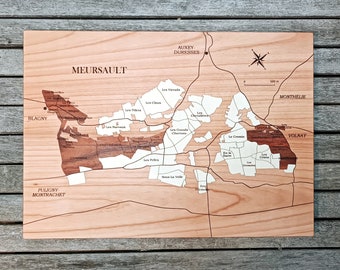 Vins de BOURGOGNE, le MEURSAULT, carte en bois naturel, MARQUETERIE, fait main