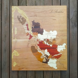 Wine Map BORDEAUX wines MARQUETRY hand made unique piece gift idea made in France image 1