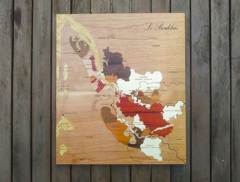 Wine Map BORDEAUX wines MARQUETRY hand made unique piece gift idea made in France image 1