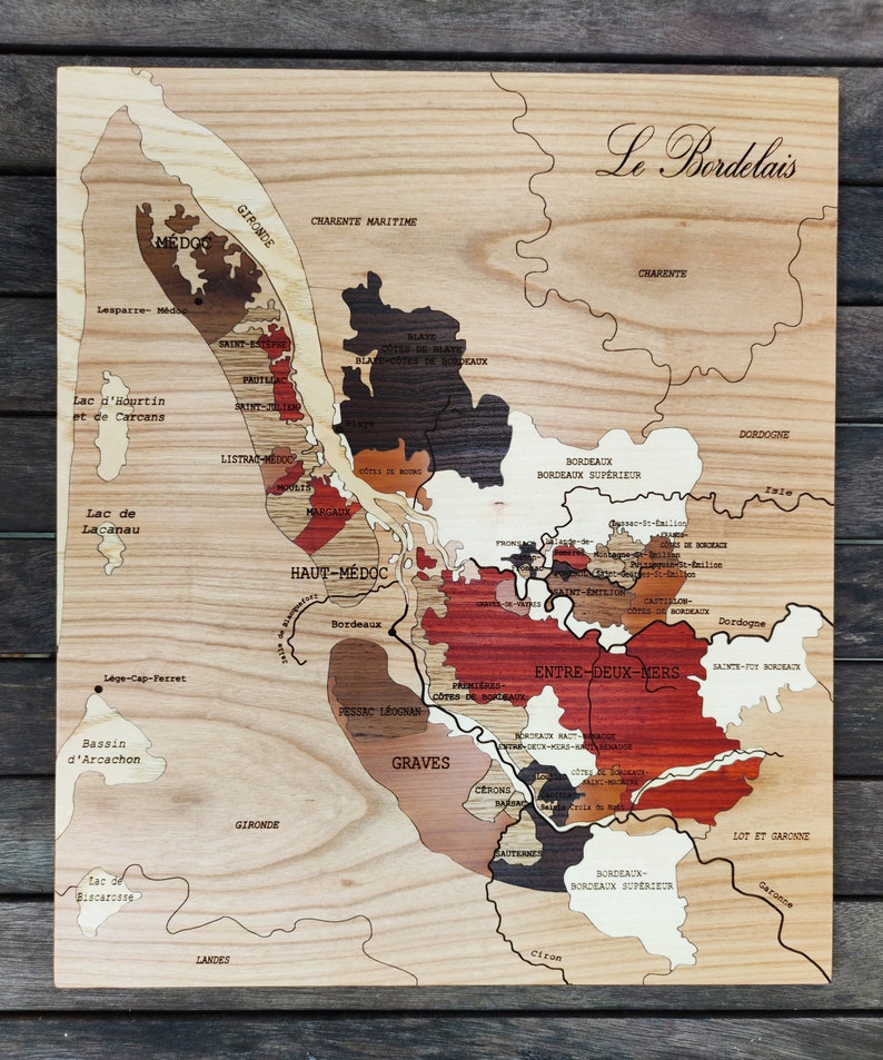 Wine Map BORDEAUX wines MARQUETRY hand made unique piece gift idea made in France image 2