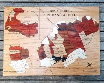 Vins de BOURGOGNE, le domaine de la Romanée-Conti, carte en bois naturel, MARQUETERIE, décoration murale, fait main