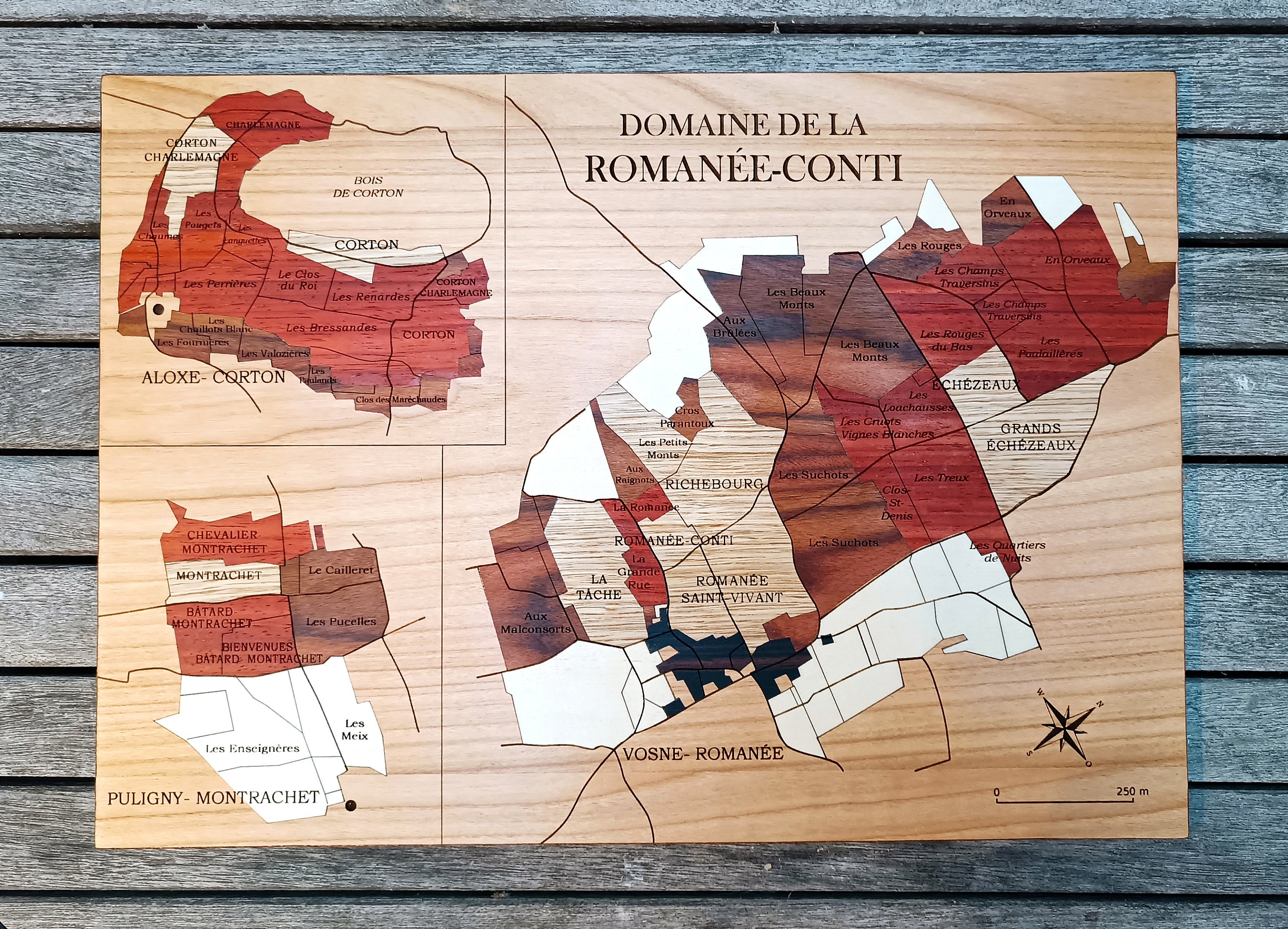 BURGUNDY Wines, the Romanée-conti Estate, Natural Wood Map