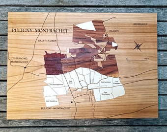 Burgunderweine, Puligny-Montrachet, Karte aus Naturholz, Intarsien, Wanddekoration, handgefertigt