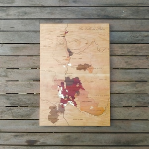 Carte des vins; la VALLÉE du RHÔNE; MARQUETERIE; fait main; pièce unique; autour du vin; idée cadeau; fabriqué en France