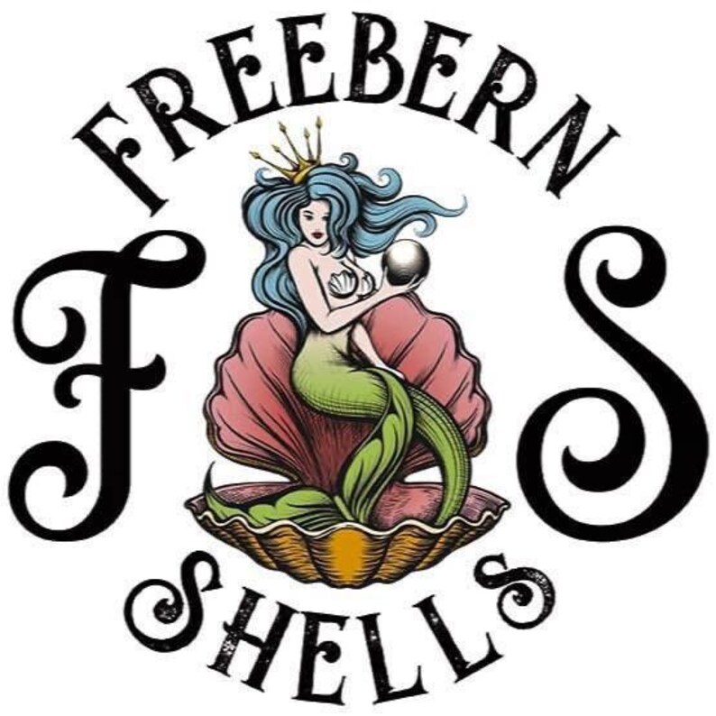 Puede incluir: Un logotipo circular con el texto FREEBERN SHELLS en letras negras. En el centro, una sirena con cabello azul y una corona dorada est&aacute; sentada dentro de una gran concha rosa y naranja, sosteniendo una perla blanca sobre un fondo blanco.