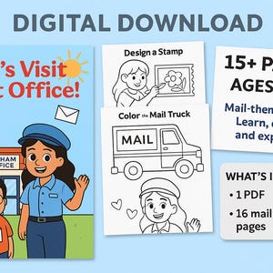 May include: Digital download of a children's activity book titled "Let's Visit Post Office!" featuring illustrations of a post office, mail carrier, and coloring pages. Includes 15+ pages for ages 3-10, with mail-themed activities. Includes 1 PDF with 16 pages.