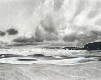 Newquay Bay, print of a charcoal drawing. Glicée print