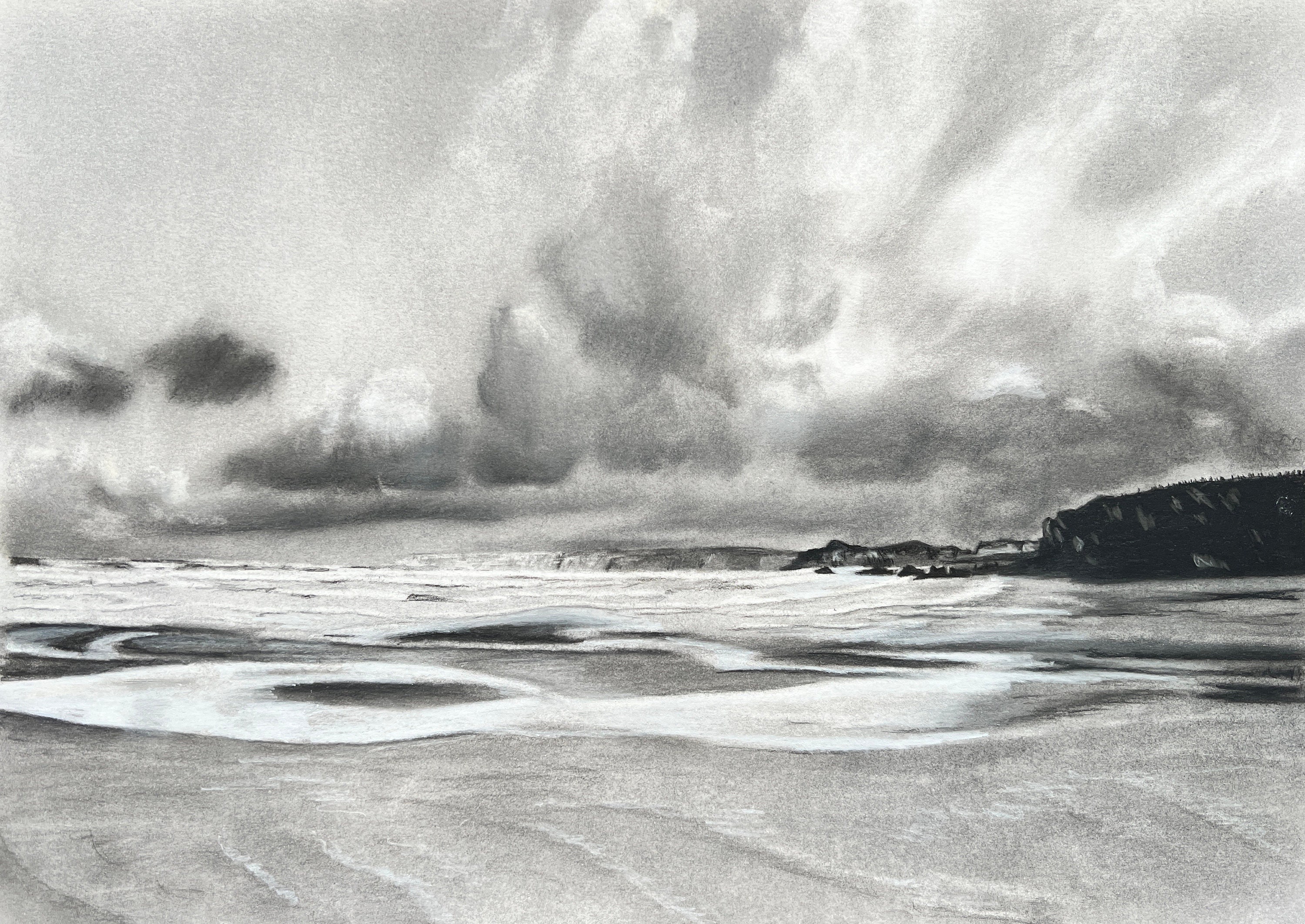 Newquay Bay, print of a charcoal drawing. Glicée print