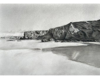 Newquay Bay, print of a charcoal drawing. Glicée print