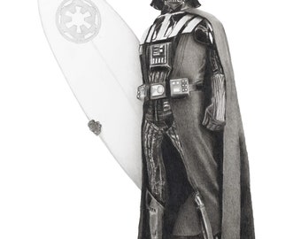 Darth Vader Surfer -  Glicée print of graphite pencil drawing