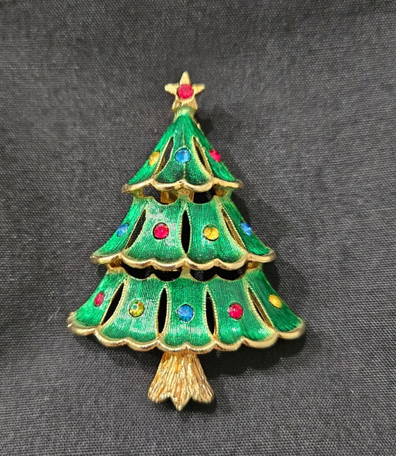 JJ Jonette Signed Christmas Tree Brooch with Colo… - image 1