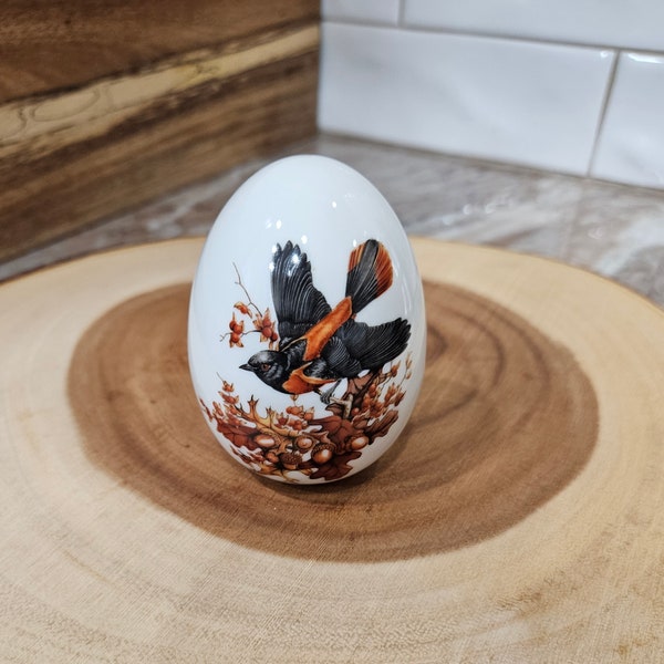 Avon Autumn Season Porcelain Bird Egg, Avon Bird Egg, Avon Porcelain Eggs, Porcelain Bird Egg, Avon Black and Orange Bird Egg Vintage