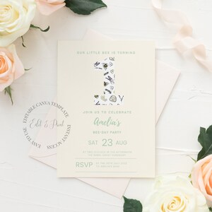 1st Birthday Bee Invite, Happy Bee Day, Bee Party, Bee Invitation, Printable Invitation, Bee Evite, 1st Bee Day, Canva Template, NB03