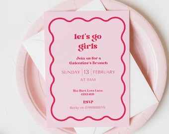 Galentines Day Invitation, Canva Template, Let's Go Girls, Wavy Retro Brunch Digital Invite, Instant Download, Mobile Evite, NB12