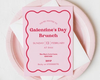 Galentine's Day Invitation Canva Template, Wavy Retro Brunch Digital Invite, Friends Valentine's Party, Instant Download, Mobile Evite, NB12