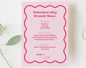 Galentine's Day Brunch Menu Template, Girl's Night Printable Party Menu, Friends Valentine's Party Decor, Canva, Wavy Border, NB12