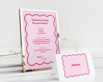 Galentine's Day Brunch Menu Canva Template, Place Name Cards, Girls Lunch Table Decor, Valentine's Party Decor, Retro Wave, NB12