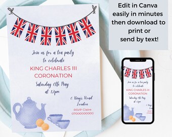 Afternoon British Tea Party Invite, Royal Invitation Canva Template, Union Jack Bunting, Editable Evite, Instant Download, NB13